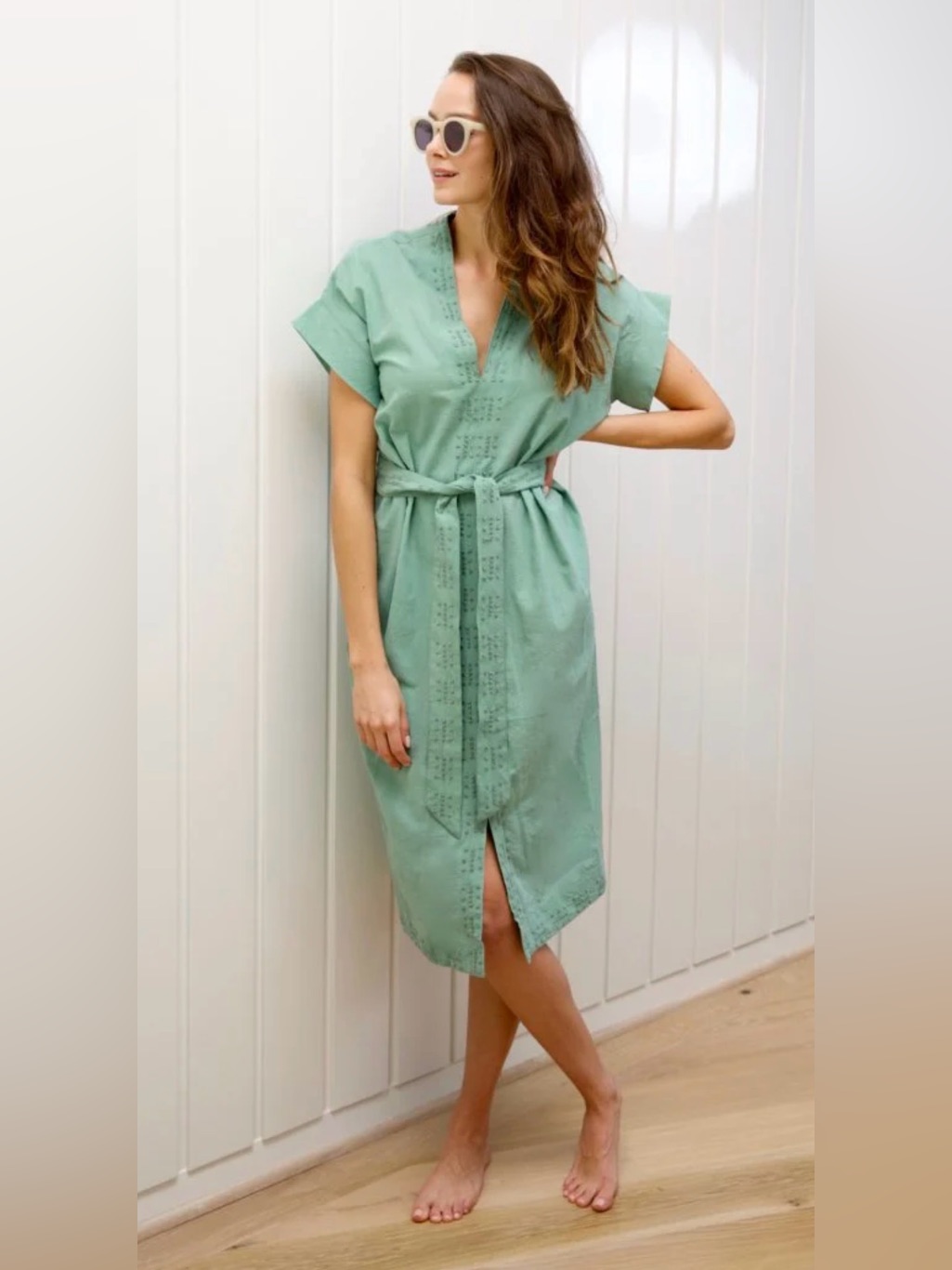 Mirth 100% Cotton V Neck Belted Embroidered Kaftan Dress - S/M